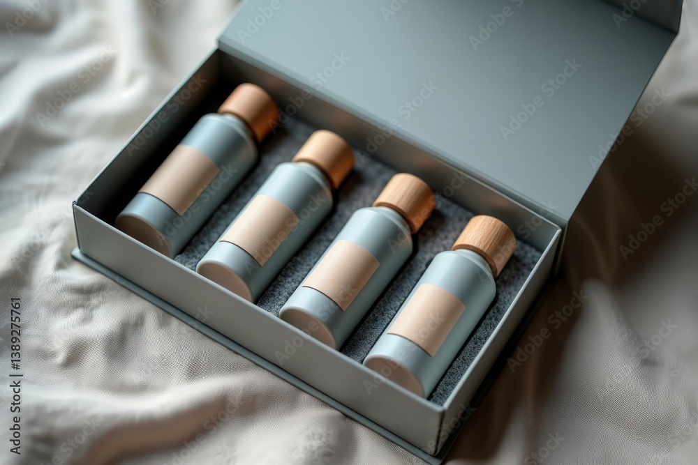 Luxury skincare packaging. Four frosted blue glass bottles with wooden tops in a sophisticated grey gift box lined with white fabric.