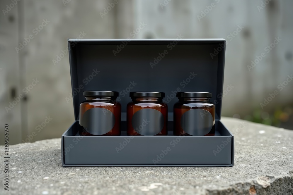 Three jam jars in box. Three glass jars with dark lids and labels sit in a dark gray open box on a textured surface.