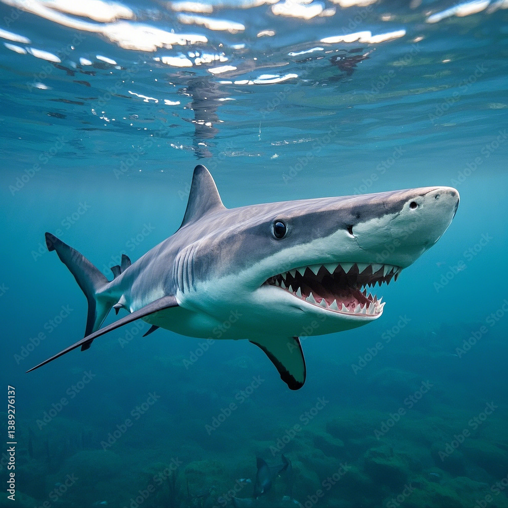 Fototapeta premium Great White Shark Swimming Underwater with Open Mouth and Sharp Teeth.