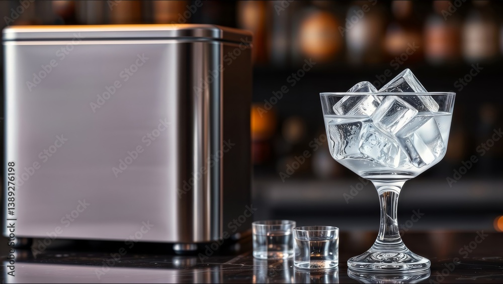 Elegant ice bucket setup. A stainless steel ice bucket stands next to a cocktail glass filled with ice and two shot glasses on a dark bar counter.
