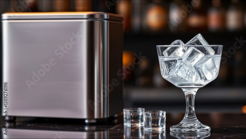 Obraz na płótnie Elegant ice bucket setup. A stainless steel ice bucket stands next to a cocktail glass filled with ice and two shot glasses on a dark bar counter. w salonie