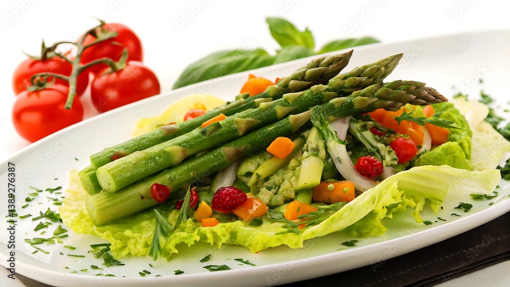 A plate featuring a fresh, healthy, and colorful salad with asparagus, tomatoes, and greens A plate featuring a fresh, healthy, and colorful salad with asparagus, tomatoes, and greens