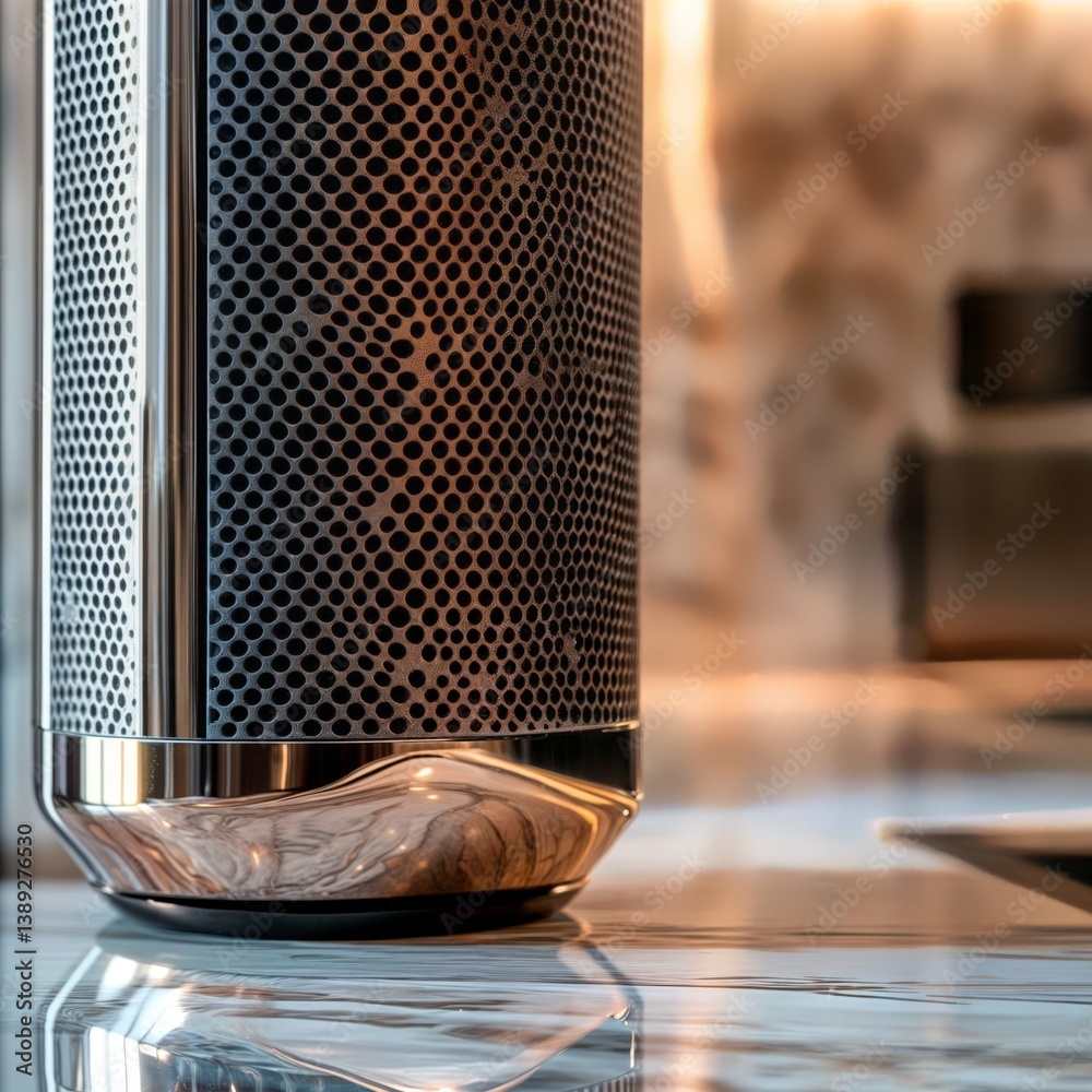Smart speaker. Close-up of cylindrical mesh speaker with sleek design and metallic base on reflective surface, premium audio device.
