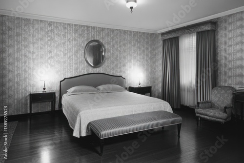 A classic bedroom featuring a bed and seating arrangement photo