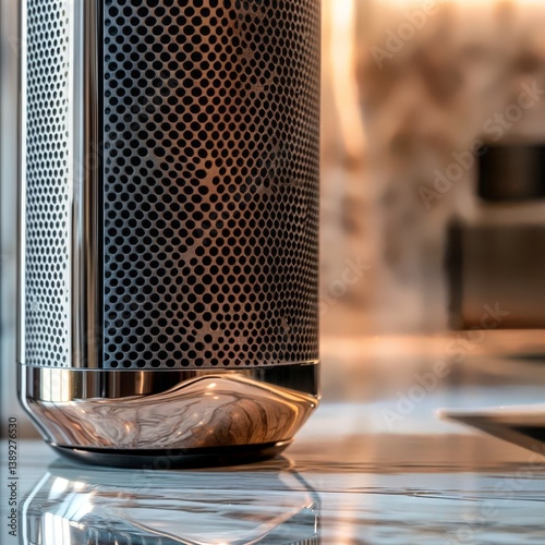 Obraz na płótnie Smart speaker. Close-up of cylindrical mesh speaker with sleek design and metallic base on reflective surface, premium audio device. w salonie