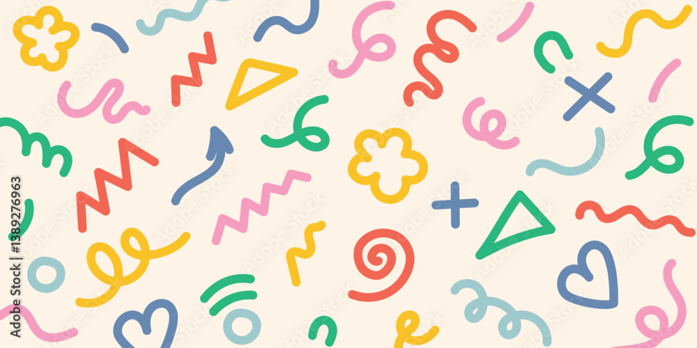 Fun and seamless line scribble pattern. Trendy Memphis geometric pattern. Creative abstract scribble style art background for kids or trendy design with basic shapes. Vector illustration. Fun and seamless line scribble pattern. Trendy Memphis geometric pattern. Creative abstract scribble style art background for kids or trendy design with basic shapes. Vector illustration.