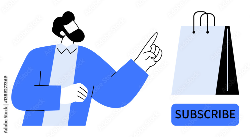 Man gesturing at a shopping bag and a subscribe button, emphasizing online shopping benefits. Ideal for e-commerce, marketing, subscription services, consumer behavior, retail, digital campaigns Man gesturing at a shopping bag and a subscribe button, emphasizing online shopping benefits. Ideal for e-commerce, marketing, subscription services, consumer behavior, retail, digital campaigns
