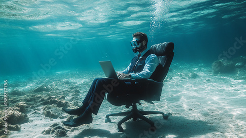 Businessman in scuba gear working on laptop underwater, seated in office chair on ocean floor, showcasing unusual work environment, symbolizing dedication or pressure