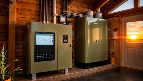 Home energy management system. Modern energy control unit with digital display in wooden room.