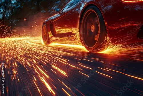 High-Speed Car Racing Through a Sparking Road at Golden Hour
