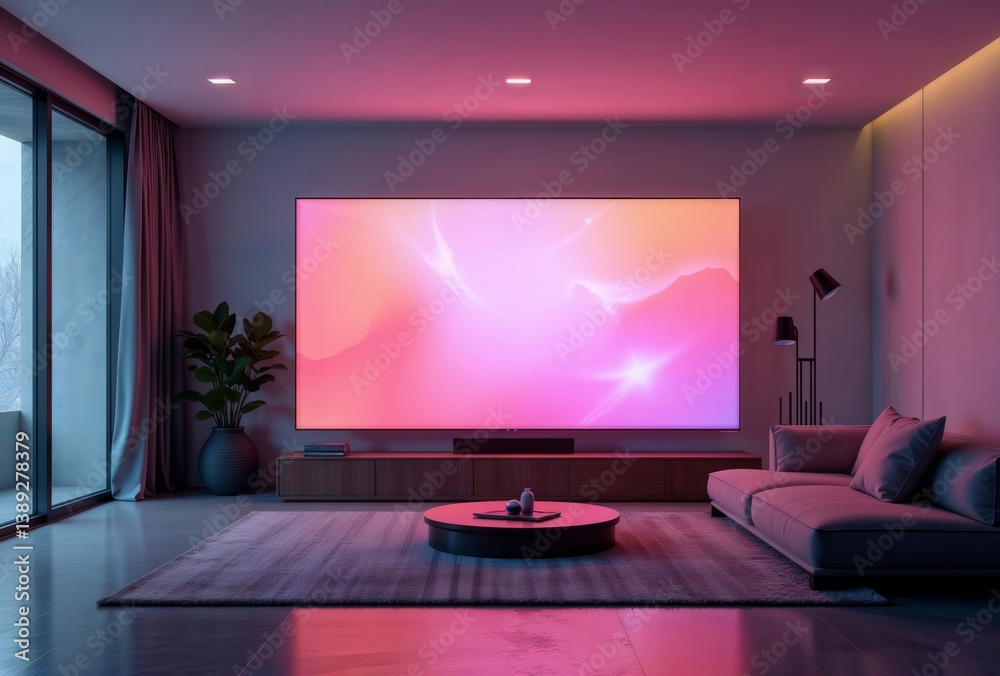Modern living room interior. Stylishly furnished living space with a large television displaying a vibrant abstract image.
