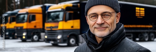 Obraz na płótnie Confident Senior Businessman in Front of His Logistics Truck Fleet, Transport Industry Success w salonie