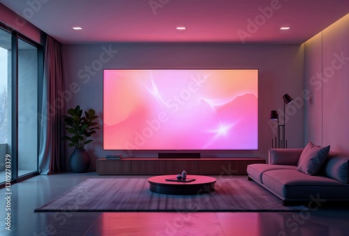 Obraz na płótnie Modern living room interior. Stylishly furnished living space with a large television displaying a vibrant abstract image. w salonie