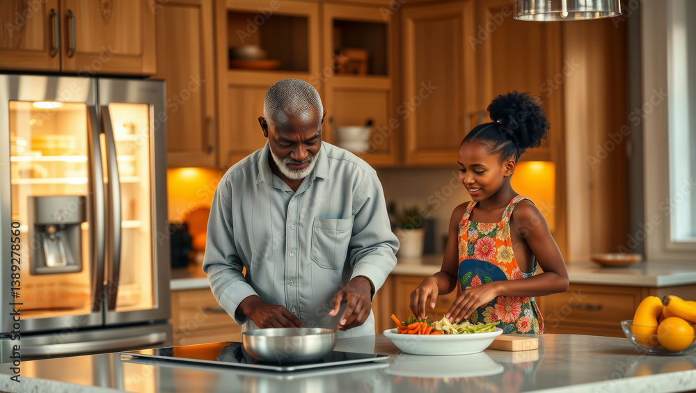Grandfather and granddaughter cooking. Cheerful elderly African man and young girl preparing vegetables together in a home kitchen.