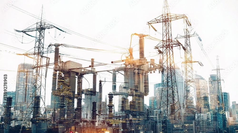 Electric Light Cityscape with Double Exposure Effect and Transformers Electric Light Cityscape with Double Exposure Effect and Transformers