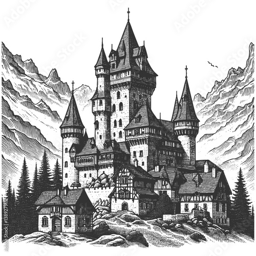 grand medieval castle nestled among Alpine mountains, architectural details in classic etching style sketch engraving generative ai vector illustration. Scratch board imitation. Black and white image.