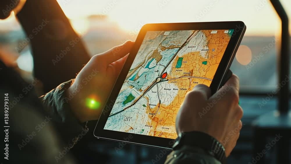 Man holds a digital tablet with a map application at golden hour for navigation purposes