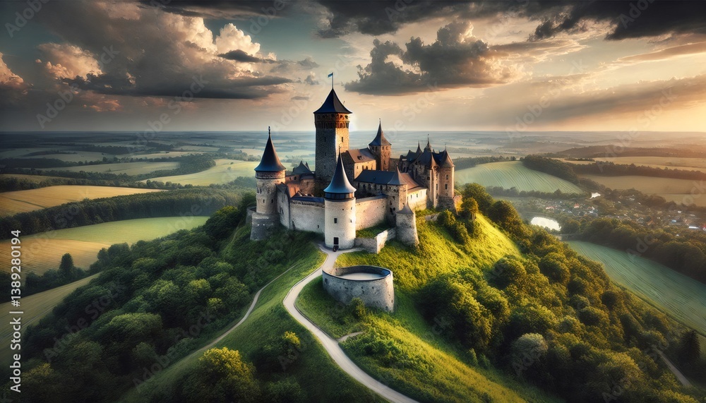 Fototapeta premium Bouzov castle standing on a hill at sunset under cloudy sky, czech republic