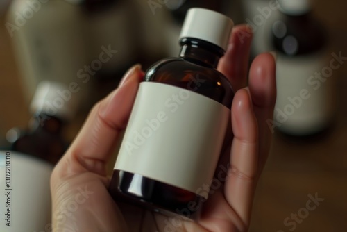 Cosmetic bottle. Hand holding small amber bottle with blank white label in foreground with blurred cosmetic containers in background.