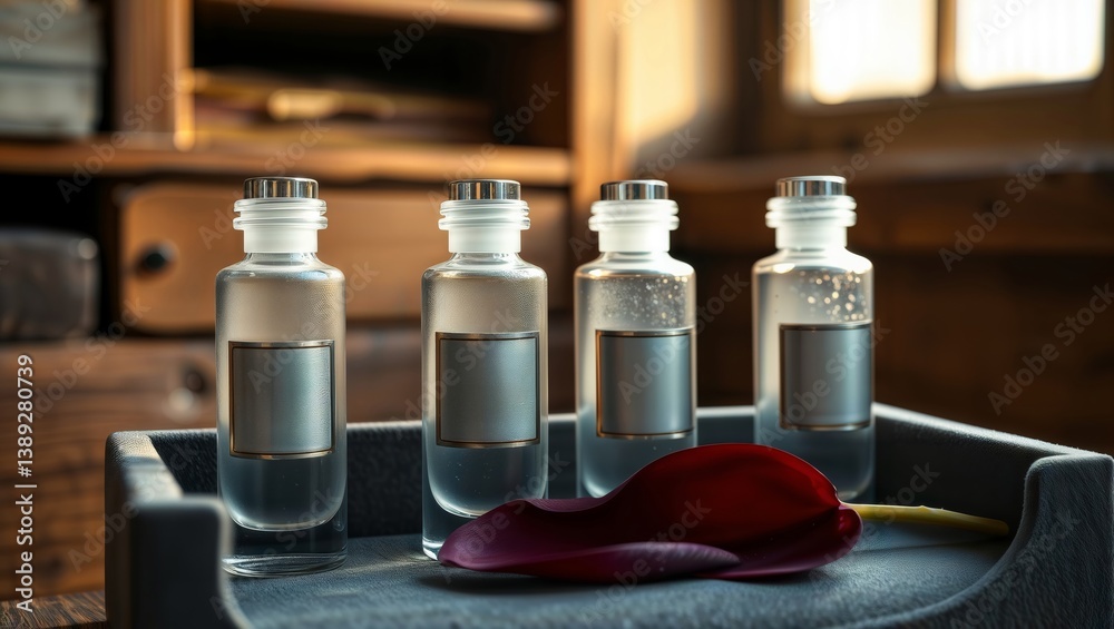 Bottles and tulip. Four transparent bottles and a tulip in a tray.