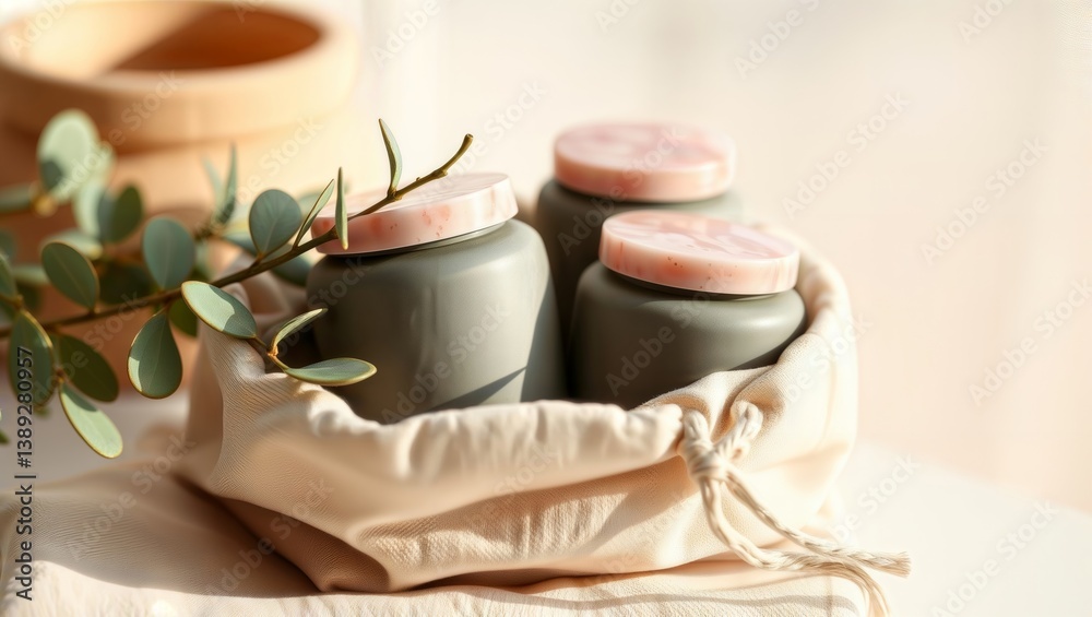 Cosmetic jars still life. Cosmetic cream jars arranged in a soft bag with a plant.