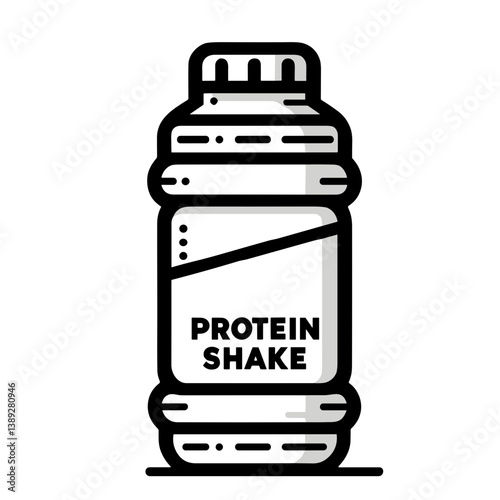 Protein shake bottle illustration on a light background, minimalistic vector style, hand-drawn, copy space