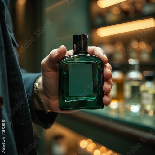 Obraz na płótnie Perfume bottle in hand. Man holding a dark green perfume bottle in his hand. w salonie