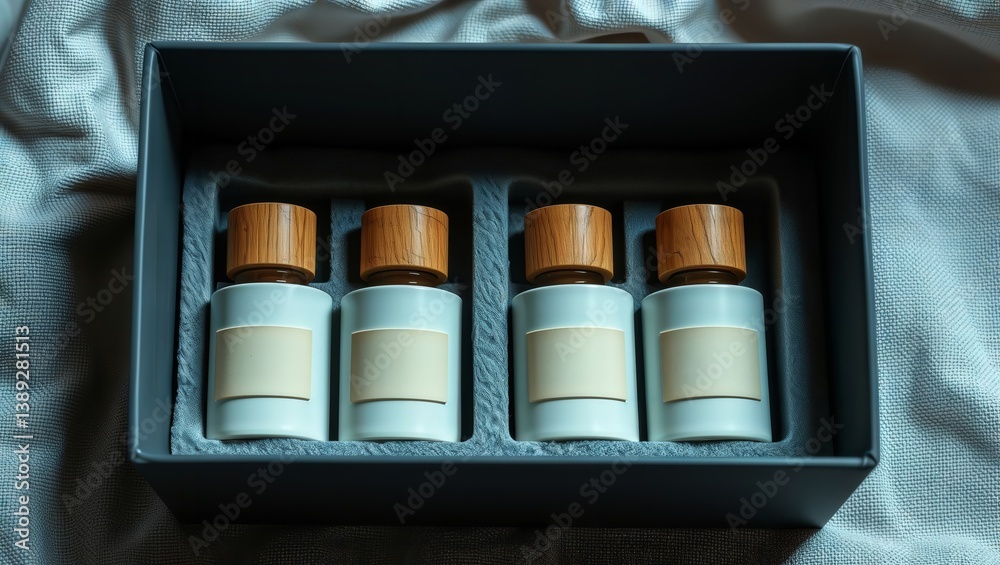 Bottles with wooden lids. Four identical bottles with wooden lids are placed inside the box.