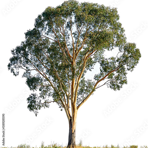 Solitary eucalyptus tree with a smooth pale trunk and a full crown of green leaves against a bright diffused background.