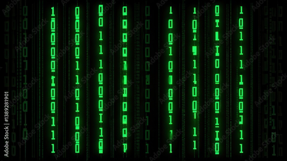 A digital display of green binary code on a black background, representing data and technology themes.