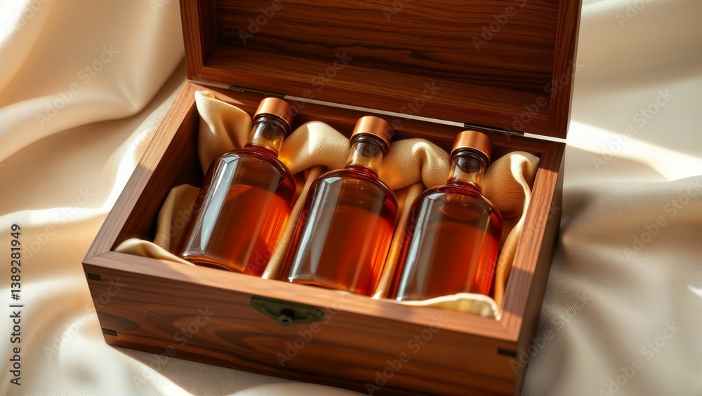 Premium whiskey gift box. Elegant wooden case with three amber whiskey bottles nestled in gold fabric, perfect for luxury spirits presentation or gifting.