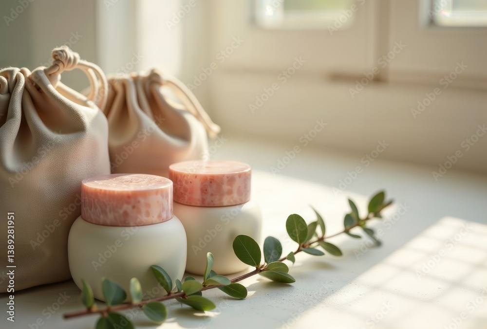 Skincare product arrangement. Natural beauty products with white ceramic containers, pink lids and eucalyptus sprig in soft morning light on white surface.