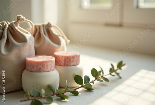 Obraz na płótnie Skincare product arrangement. Natural beauty products with white ceramic containers, pink lids and eucalyptus sprig in soft morning light on white surface. w salonie