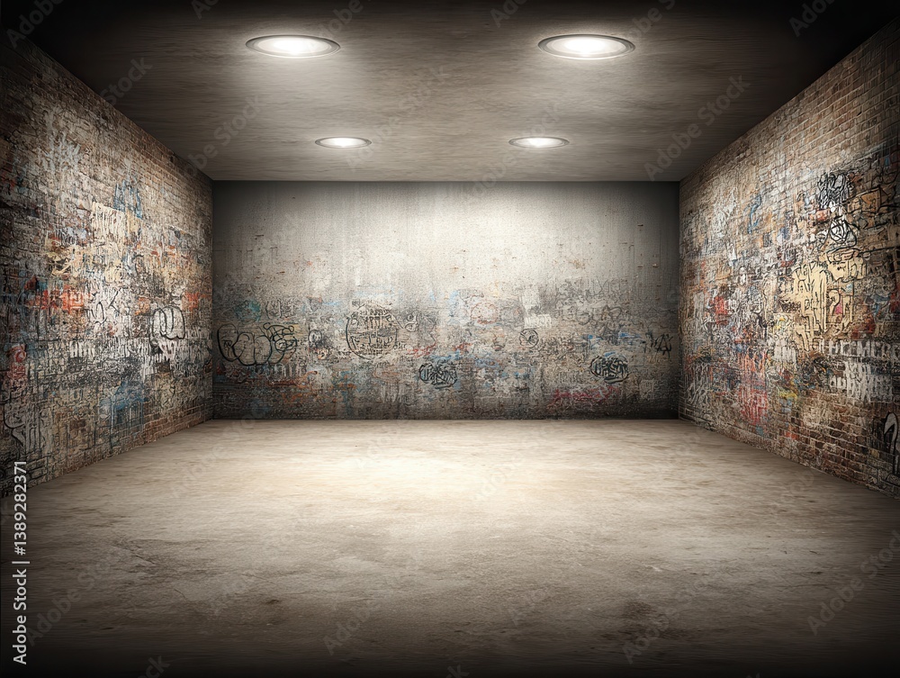 A dimly lit room featuring graffiti-covered walls and a concrete floor, creating an urban and edgy atmosphere. A dimly lit room featuring graffiti-covered walls and a concrete floor, creating an urban and edgy atmosphere.