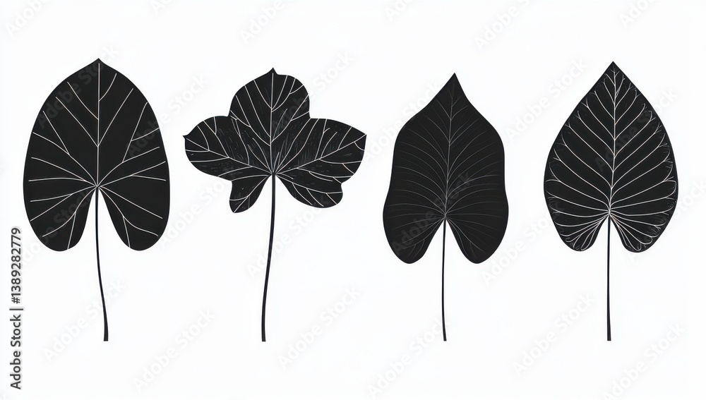 Fototapeta premium Set of vector black tropical leaf silhouettes on a white background. A clean and simple flat design, perfect for nature and botanical-themed designs.