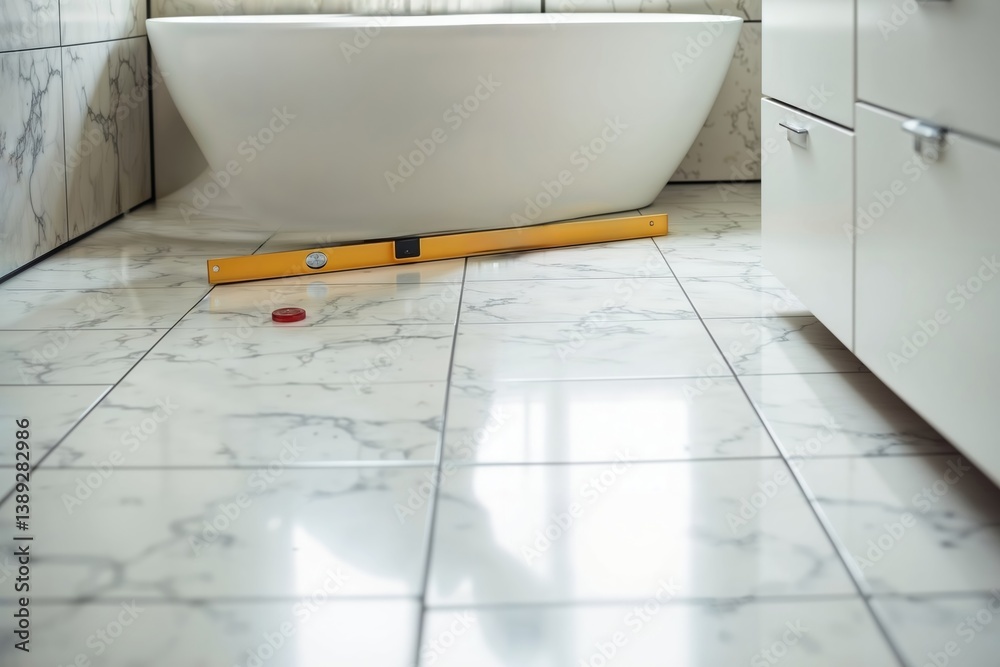Bathroom renovation. Bathroom with white marble tiles and a level laying on them, preparing for renovation.