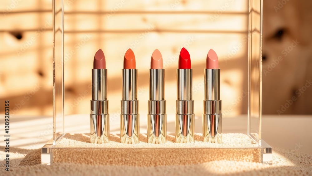 Lipstick display set. Five lipsticks of different colors are displayed in a transparent box.