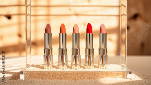 Obraz na płótnie Lipstick display set. Five lipsticks of different colors are displayed in a transparent box. w salonie