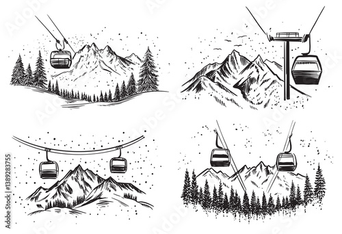 Ski Lift in mountain, Winter, black on white, hand drawn, set Illustration