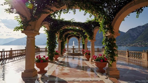 Wallpaper Mural  breathtaking wide shot of an elegant Italian-style garden terrace overlooking a serene lake surrounded by mountains. The scene features manicured paths, terracotta flower pots with blooming roses  Torontodigital.ca