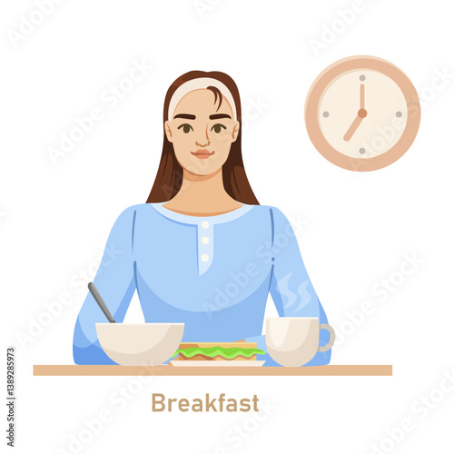 Woman in blue eating breakfast with soup, sandwich, and coffee, clock on wall, on white background. Concept of morning routine. Vector illustration