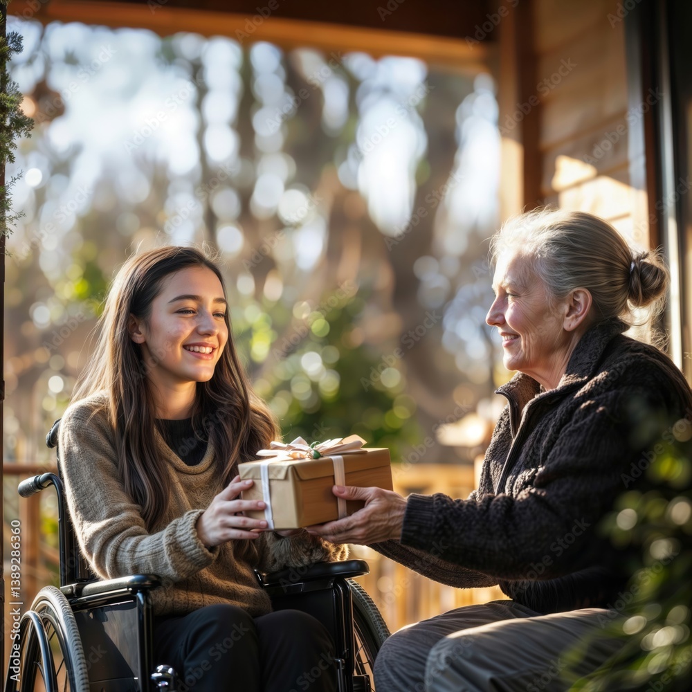Generational gift giving. Young woman in wheelchair receiving present from elderly woman in cozy home setting with warm natural lighting.