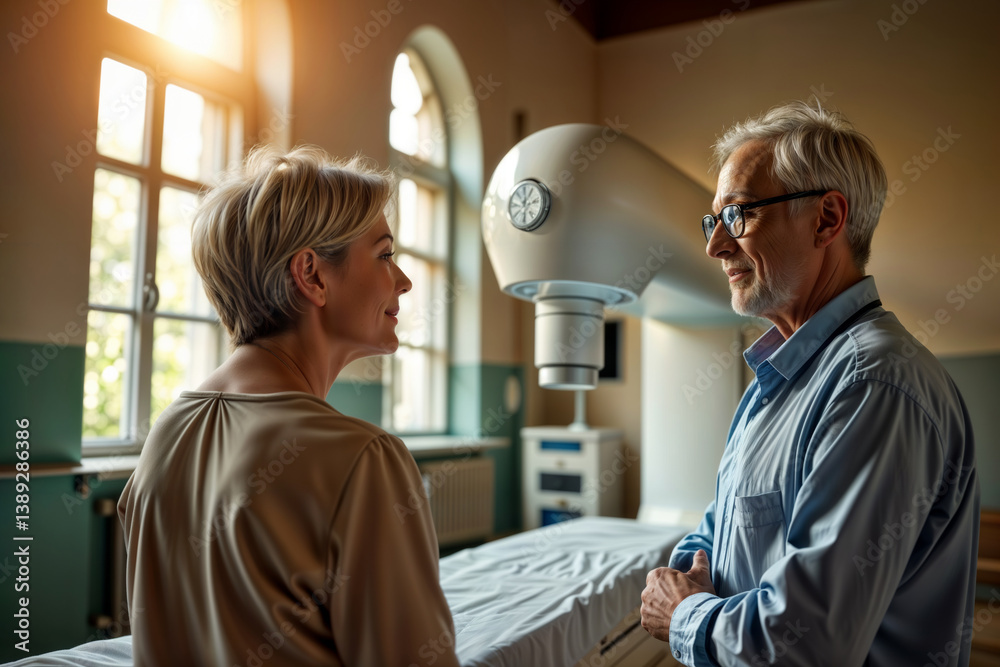 Medical consultation. Patient and doctor having discussion in medical office next to x-ray machine with natural light coming through windows.