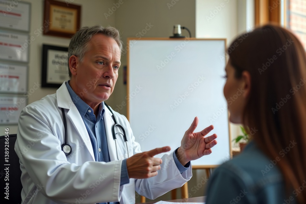 Doctor Consultation. Mature doctor explains something to a patient during a consultation.