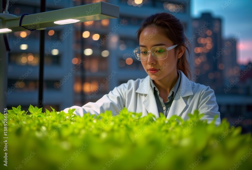 Urban agriculture scientist. Female researcher in lab coat examining hydroponic plant growth under specialized LED lighting with city skyline background at night.