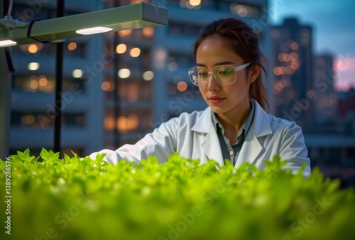 Obraz na płótnie Urban agriculture scientist. Female researcher in lab coat examining hydroponic plant growth under specialized LED lighting with city skyline background at night. w salonie