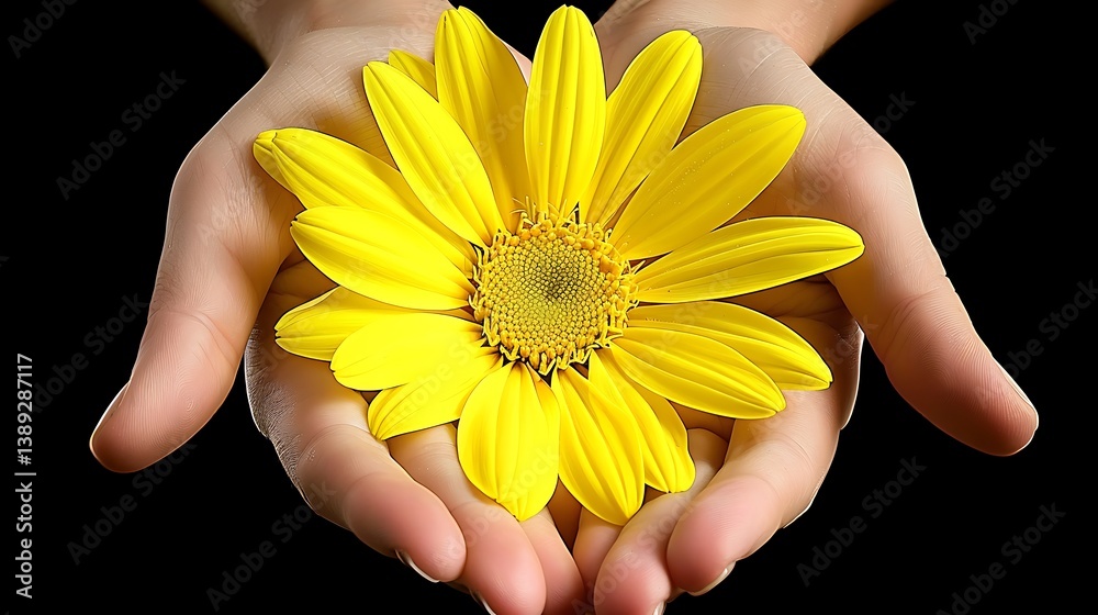 A pair of hands cradling a beautiful bright yellow flower