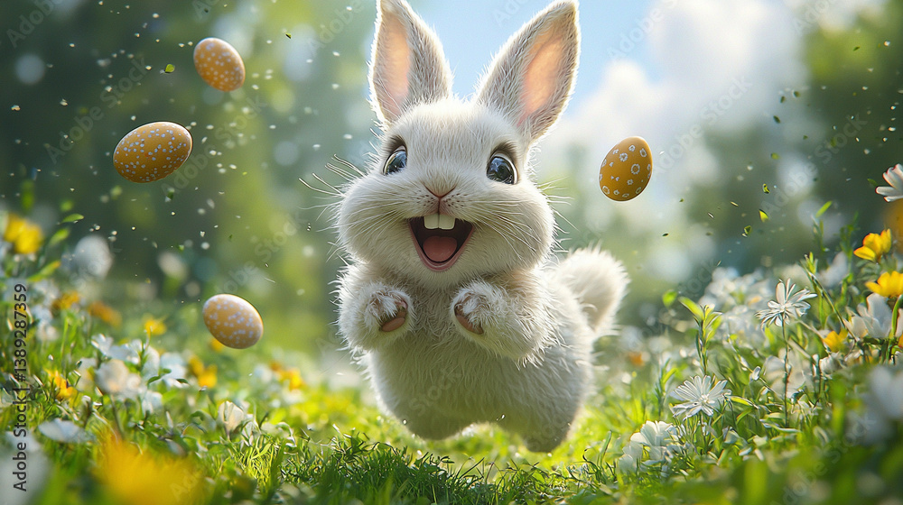 cute easter bunny jumping with joy throwing eggs