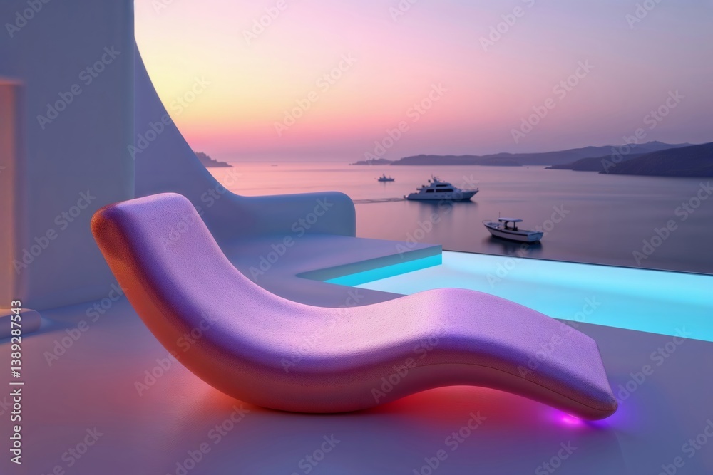 Luxury infinity pool view. Modern curved lounge chair beside illuminated infinity pool overlooking tranquil ocean at sunset with boats, perfect vacation destination atmosphere.
