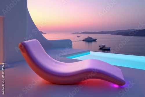 Obraz na płótnie Luxury infinity pool view. Modern curved lounge chair beside illuminated infinity pool overlooking tranquil ocean at sunset with boats, perfect vacation destination atmosphere. w salonie